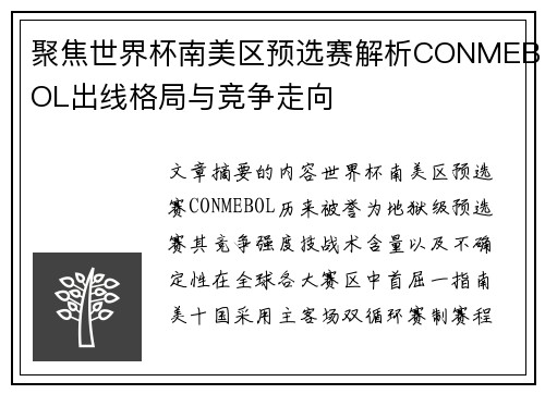 聚焦世界杯南美区预选赛解析CONMEBOL出线格局与竞争走向